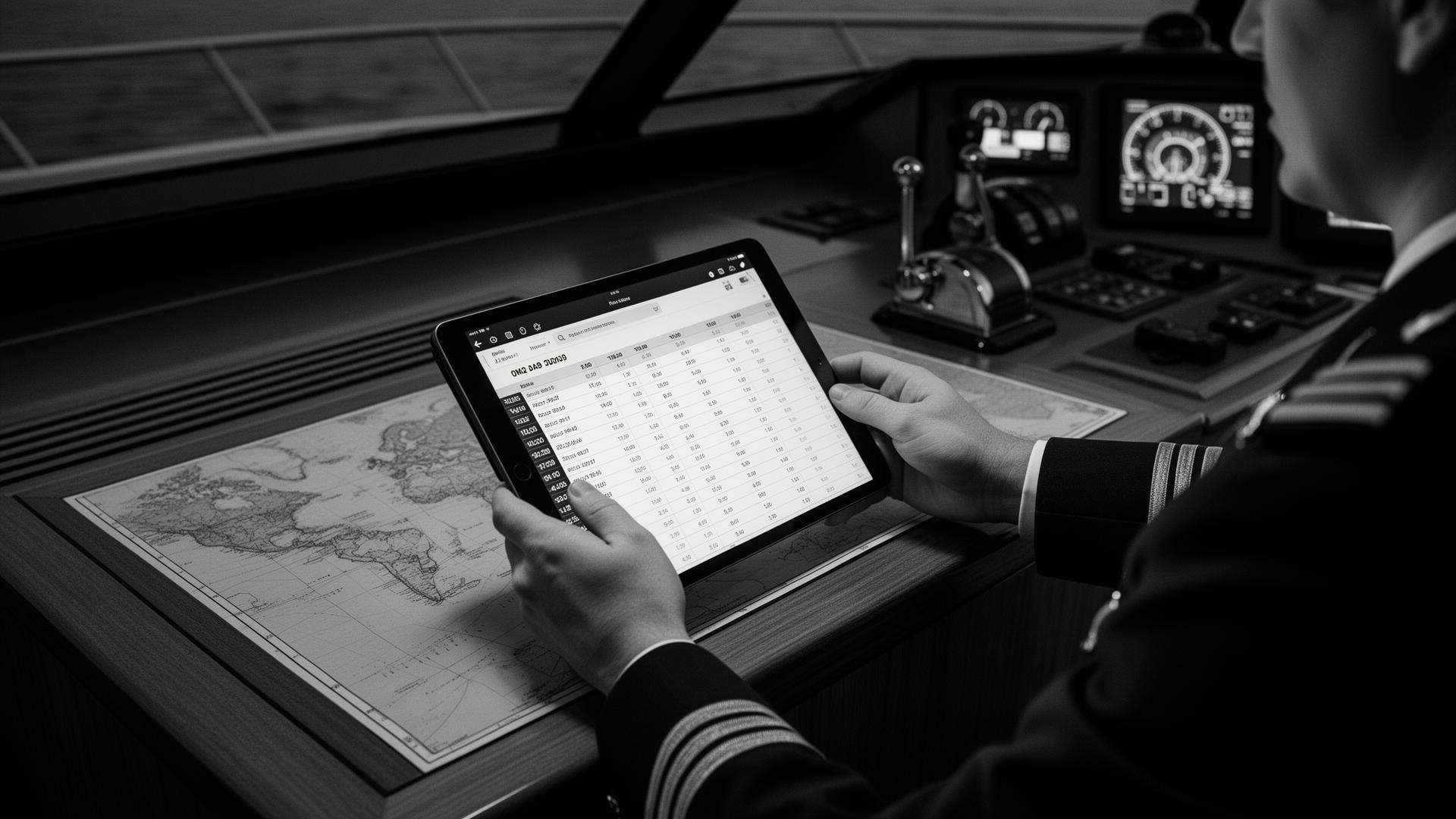 Officer reviewing a watch schedule on an iPad at a chart table
