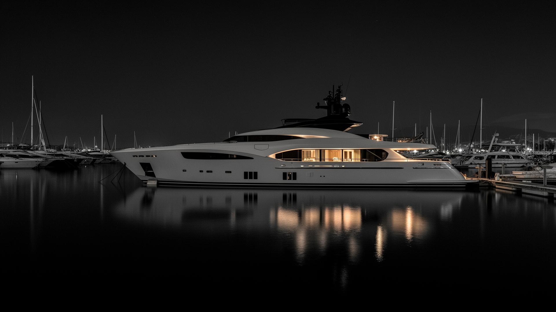 Superyacht at night in port